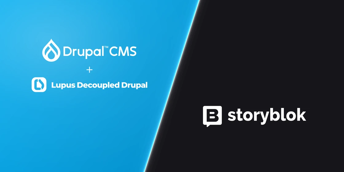 Blue and Grey Diagonal Split of Drupal CMS Lupus Decoupled Drupal and Storyblok Logos