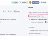The same review panel as the reviewer sees it. Outlined in red: the line "You can sign off 1 of them." and the row marked "Yours to sign off".