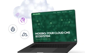 Laptop showing "MOSSBO: YOUR CLOUD CMS ECOSYSTEM" with surrounding tech icons
