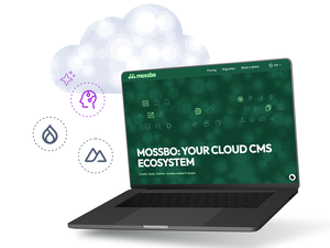 Laptop showing "MOSSBO: YOUR CLOUD CMS ECOSYSTEM" with surrounding tech icons