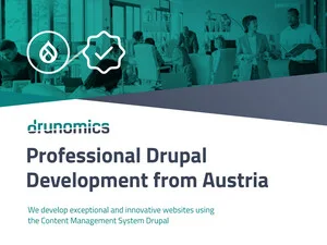 drunomics - Professional Drupal Development from Austria promotional banner with office background.