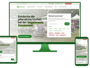 © Vegane Gesellschaft Österreich
Quelle: Vegane Gesellschaft Österreich vegan.at start page with hero and form elements, shown responsively on 3 devices