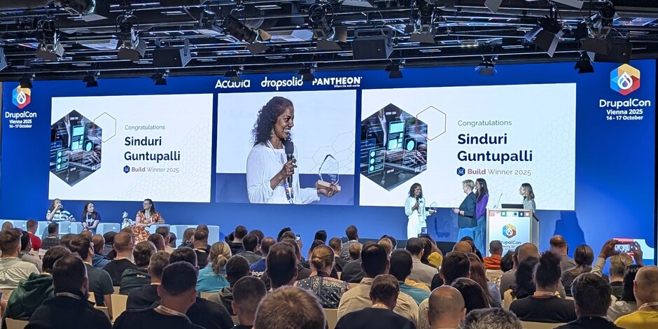 Sinduri Guntupalli recognized in the Build Category at DrupalCon Vienna 2025 for her dedication to community organizing, advocacy, and open source work.