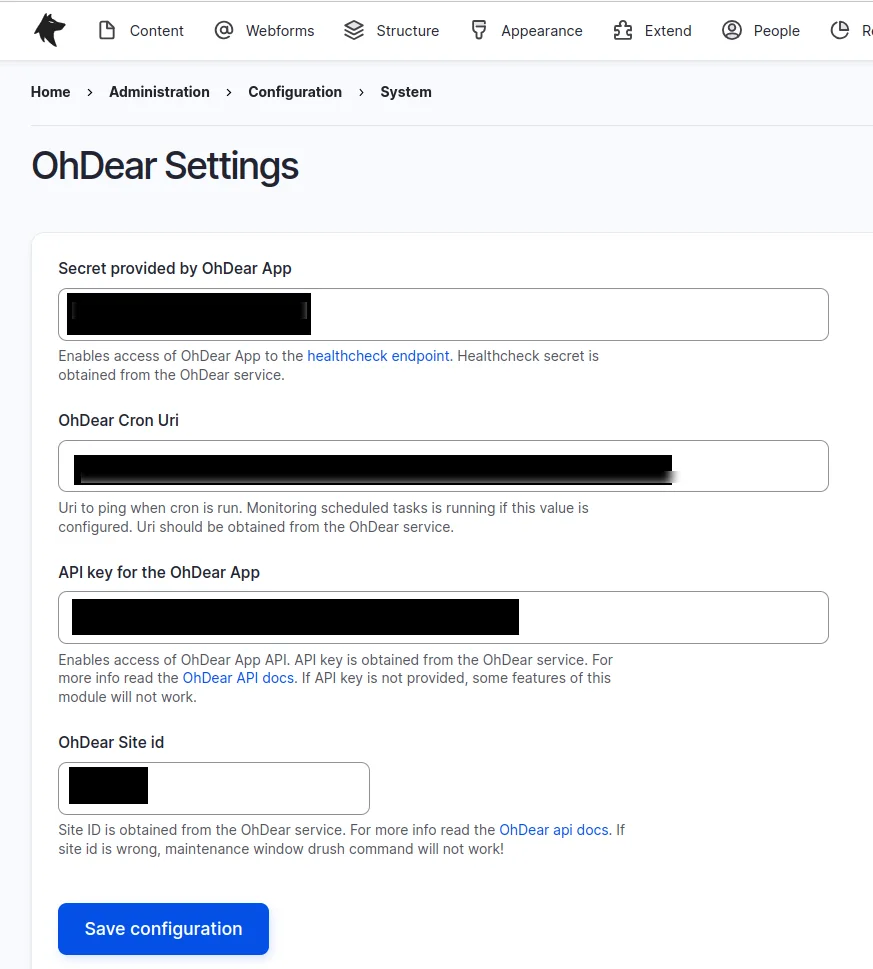 Ohdear Settings in Drupal UI