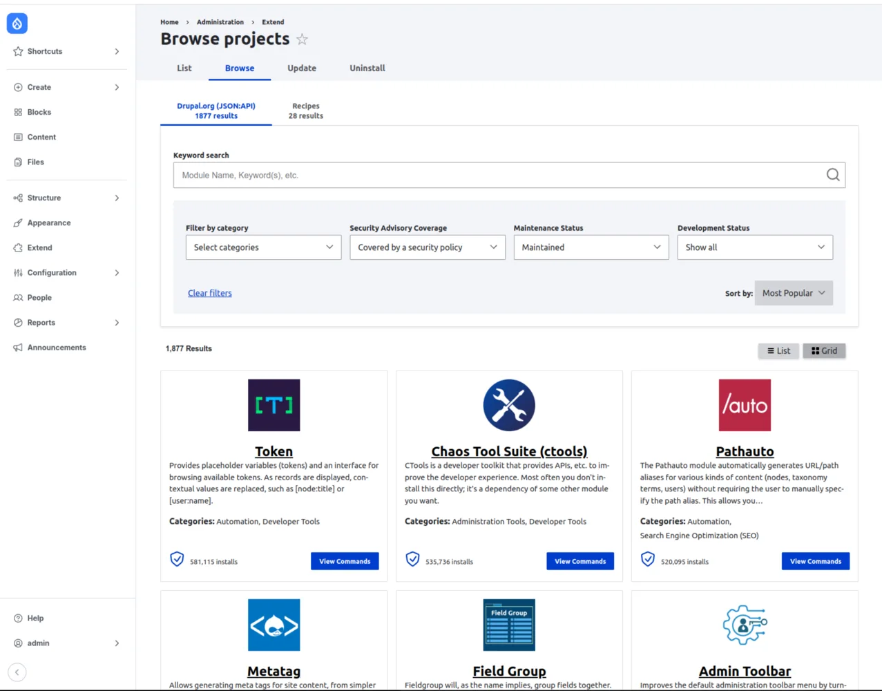 Image showing Project Browser module from drupal 11 in action