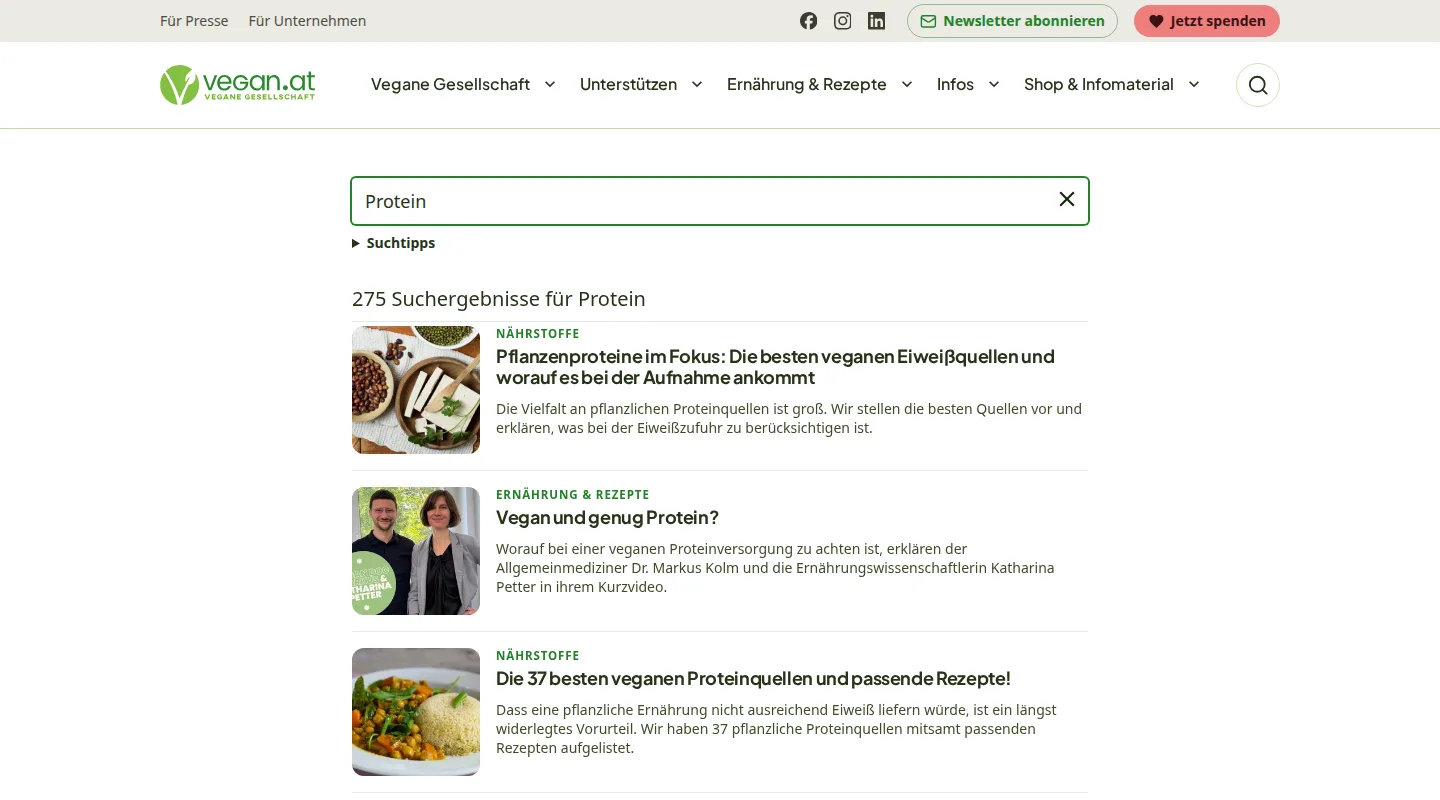 Site search for „Protein", 275 results with channel labels