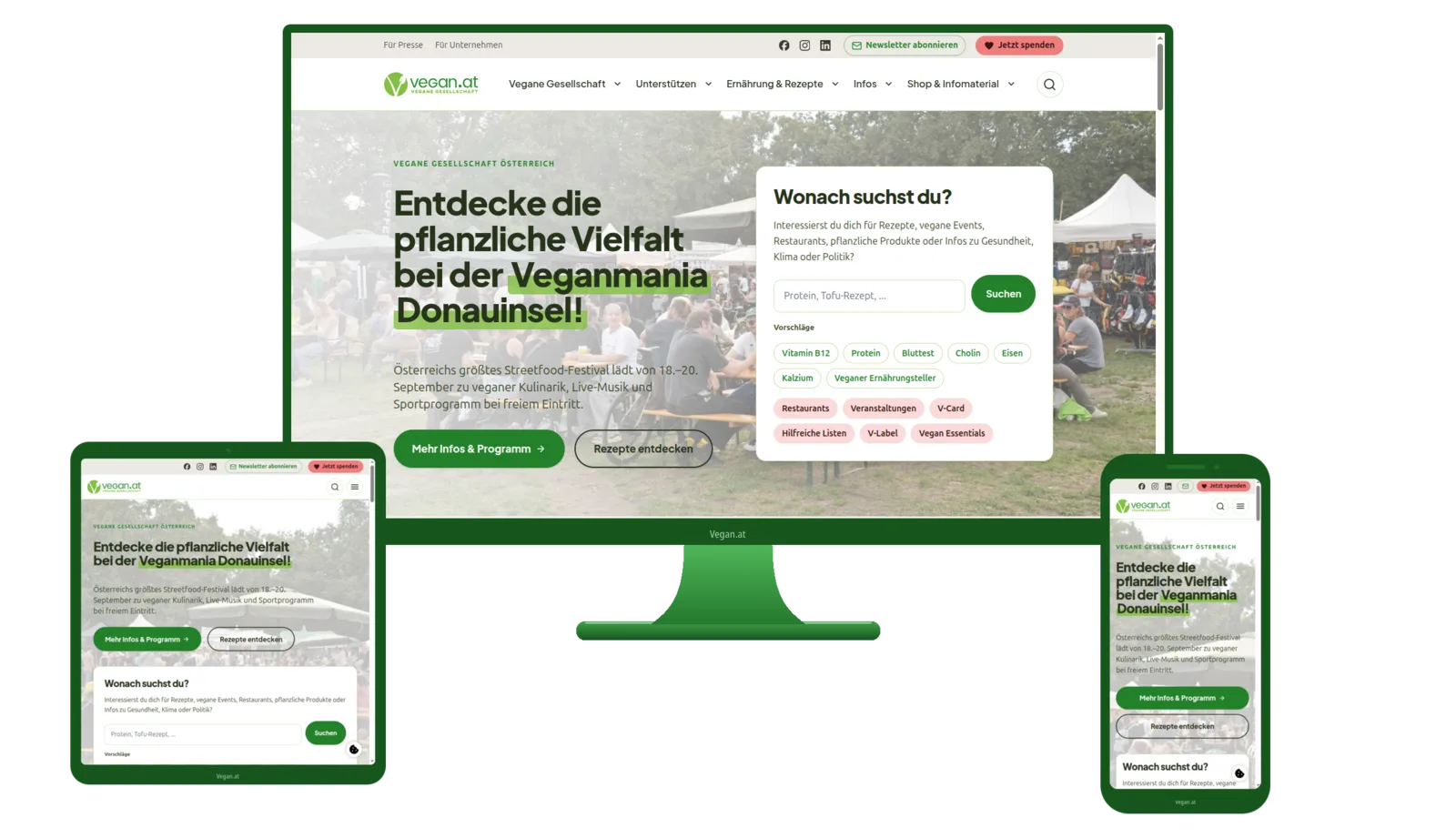 © Vegane Gesellschaft Österreich
Source: Vegane Gesellschaft Österreich vegan.at start page with hero and form elements, shown responsively on 3 devices