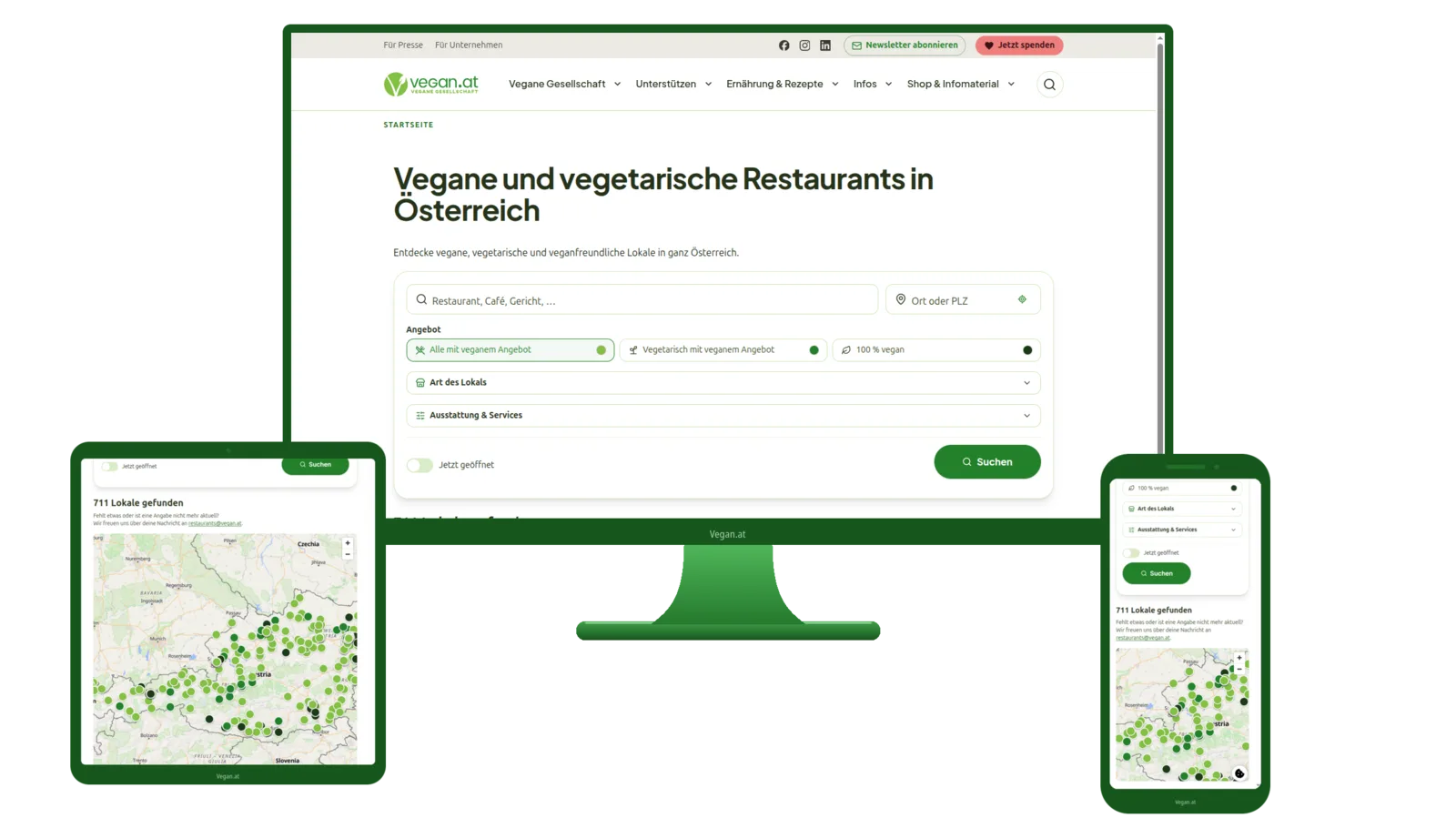 The restaurant finder and result set, as seen on various devices.