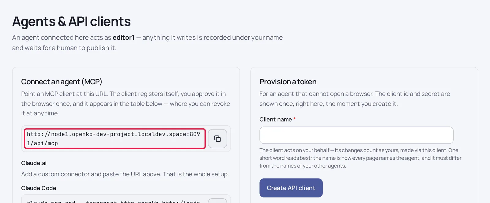 The Agents and API clients page in OpenKnowledgebase, with "Connect an agent (MCP)" on the left and "Provision a token" on the right. Outlined in red: the MCP server URL to paste into a client.