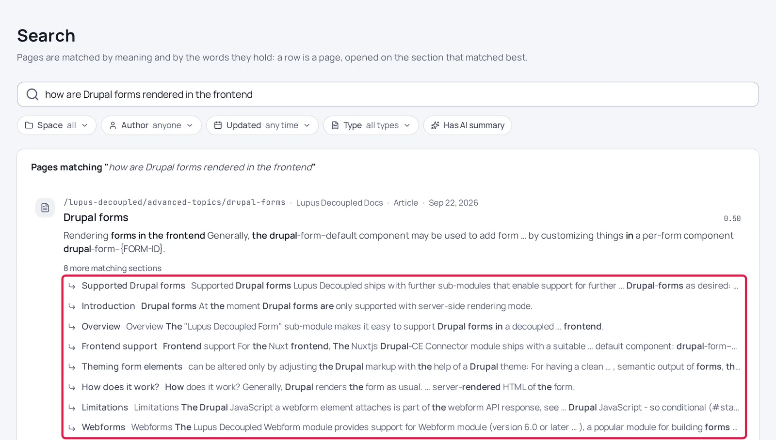 OpenKnowledgebase search results for the natural-language query "how are Drupal forms rendered in the frontend". Outlined in red: the eight matching sections listed under the top result, each one opening the page at that section.