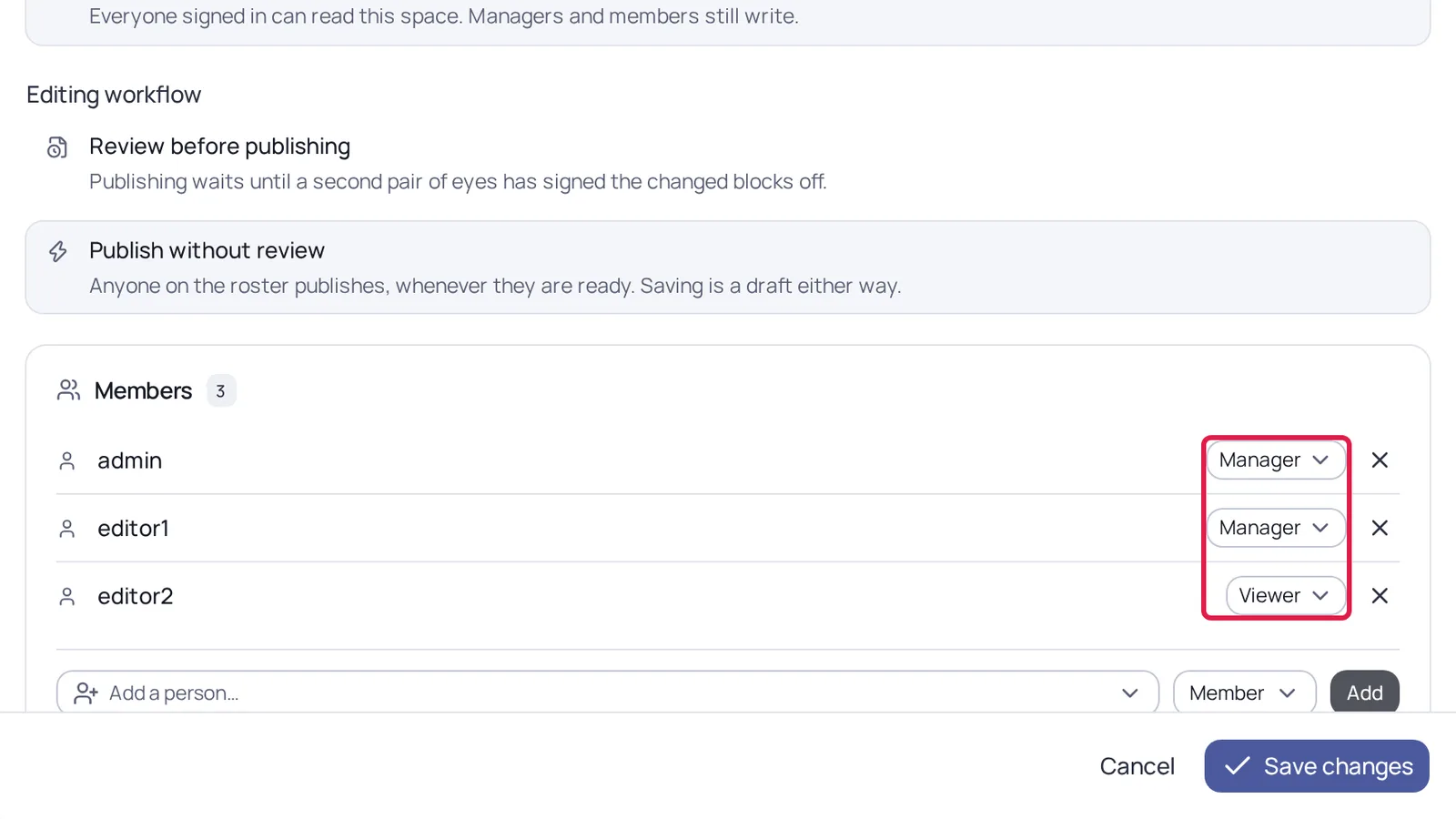 Space settings for a wiki-style space, showing the editing workflow and the member roster. Outlined in red: the per-member role selectors reading Manager, Manager and Viewer.