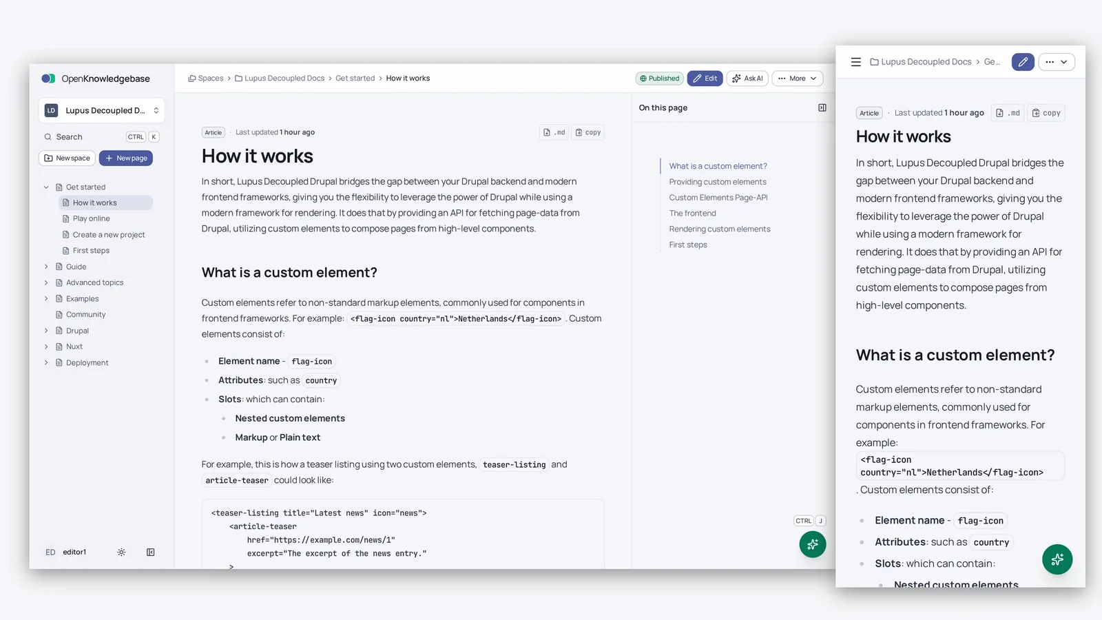 OpenKnowledgebase open on a documentation page, shown on a desktop screen beside the same page on a phone. The desktop view has the space switcher and page tree on the left, the page in the middle and an "On this page" outline on the right; the phone reflows it to a single column.